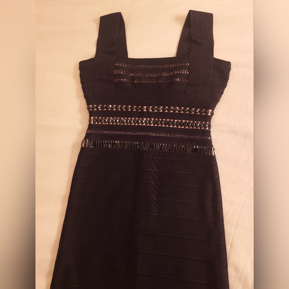 Black Beaded HERVE LEGER 'Ginta' Gown Bodycon Icon Bandage Dress XS Rare Maxi - Picture 3 of 15